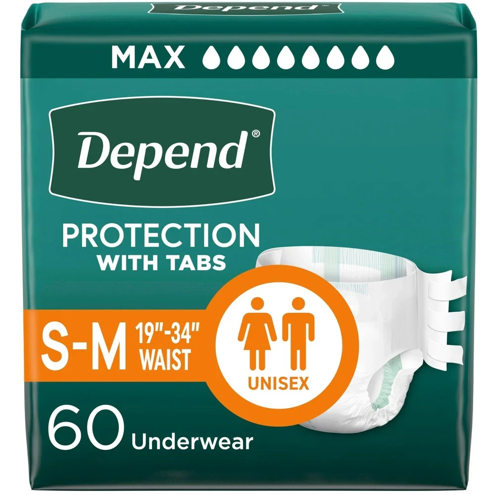 Adult Diapers Tabs Incontinence Small Medium 170lb 60ct 3Pack Depend Protection