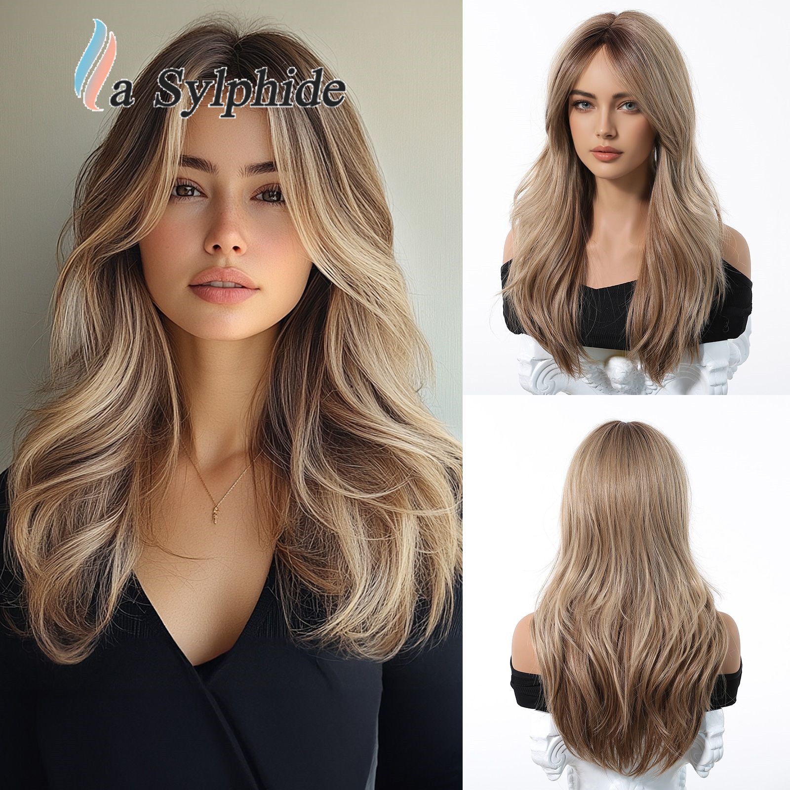 Brown to Golden Ombre Long Curly Wig With Side Bangs Rose Net Synthetic Full Wig