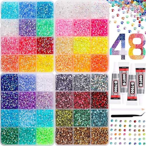 Bedazzling Kit with 30000pcs 48 Colors Rhinestones, 4×10ml B7000 Glue, 3mm Set1