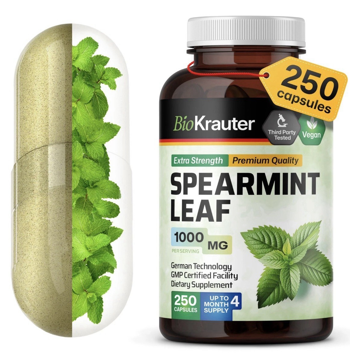 BioKrauter Spearmint Leaf 1000mg Vegan Capsules 250 ct GMO Free No Fillers