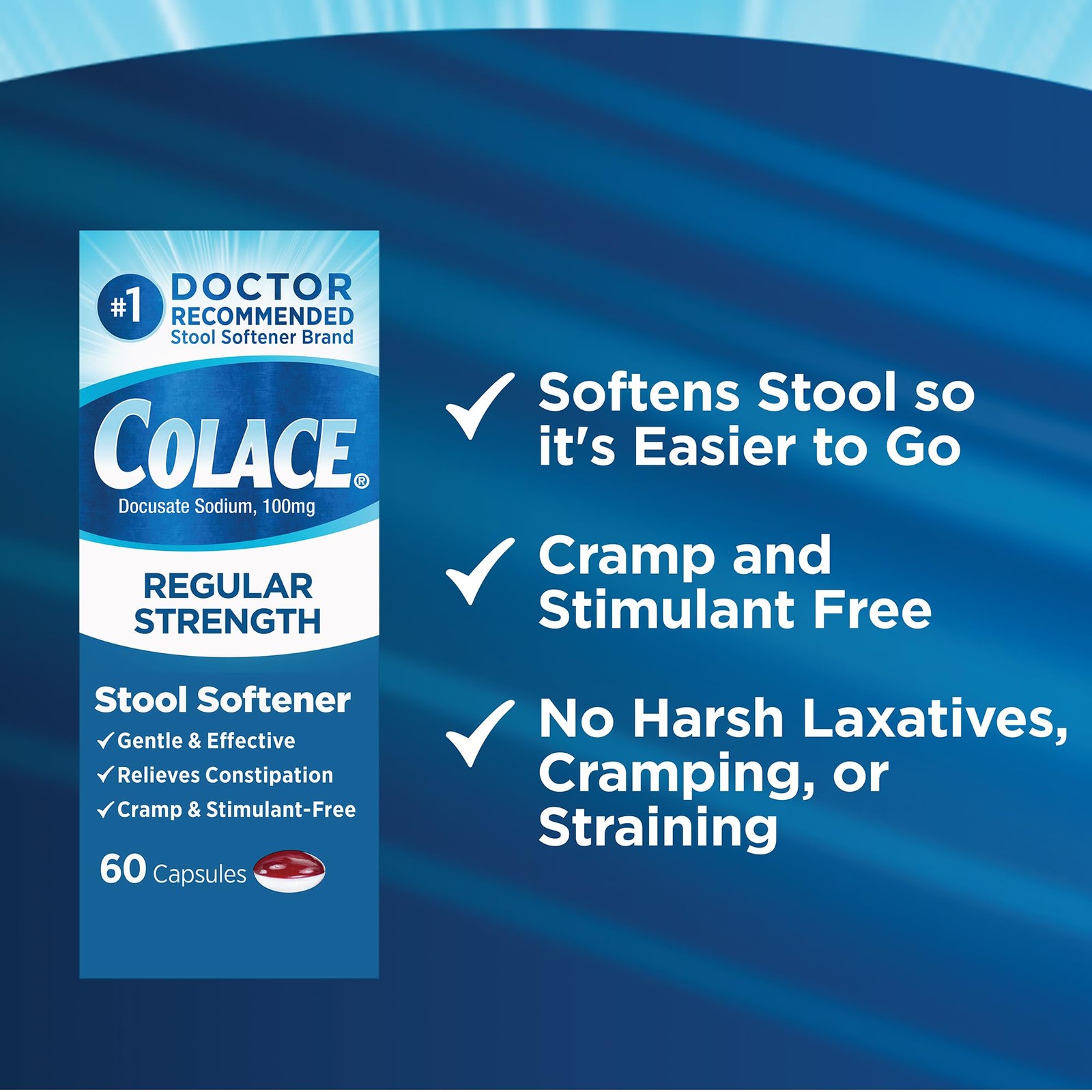 Colace Stool Softener 100 mg, 60 Capsules, Constipation 60 Count (Pack of 1)
