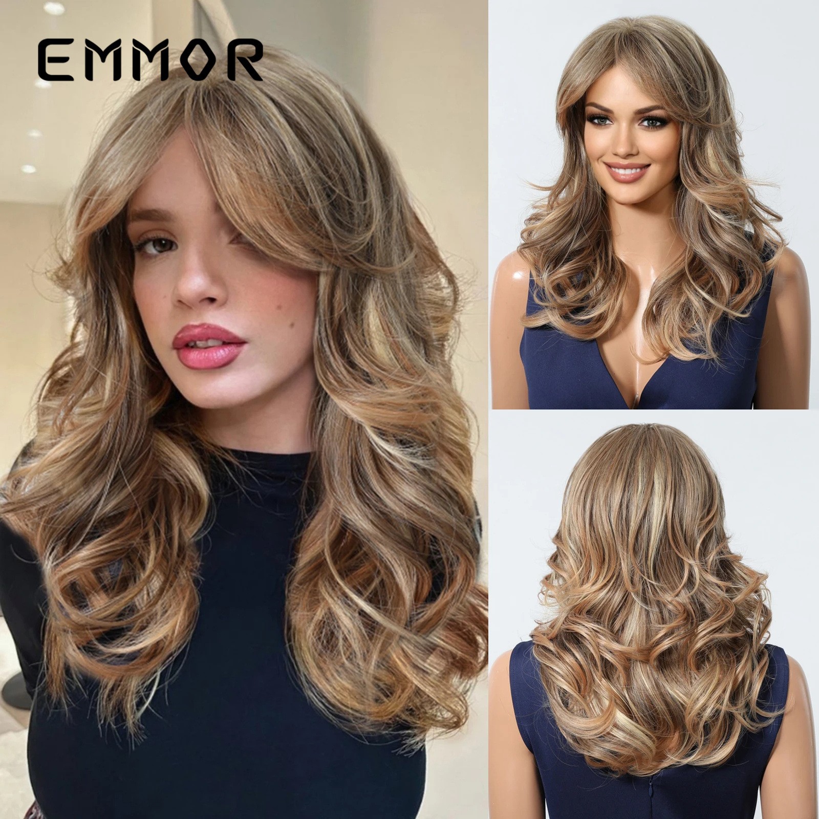 Side Bangs Retro Dark Brown Highlight Long Curly Wig Asian Style Synthetic Full
