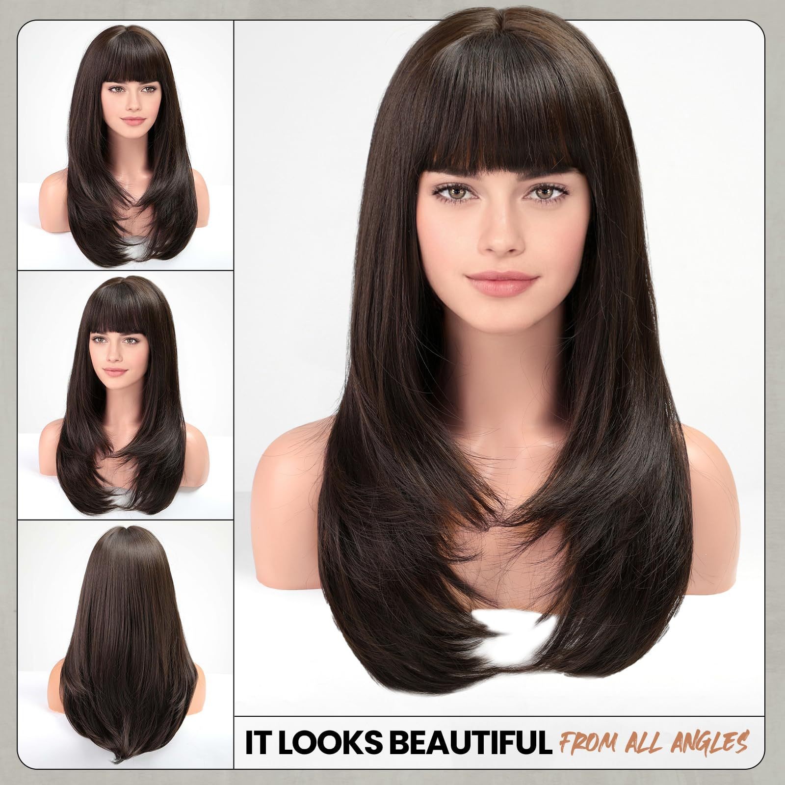Brown Long Straight Wig with Bangs Layered Heat Resistant Synthetic Full Wig