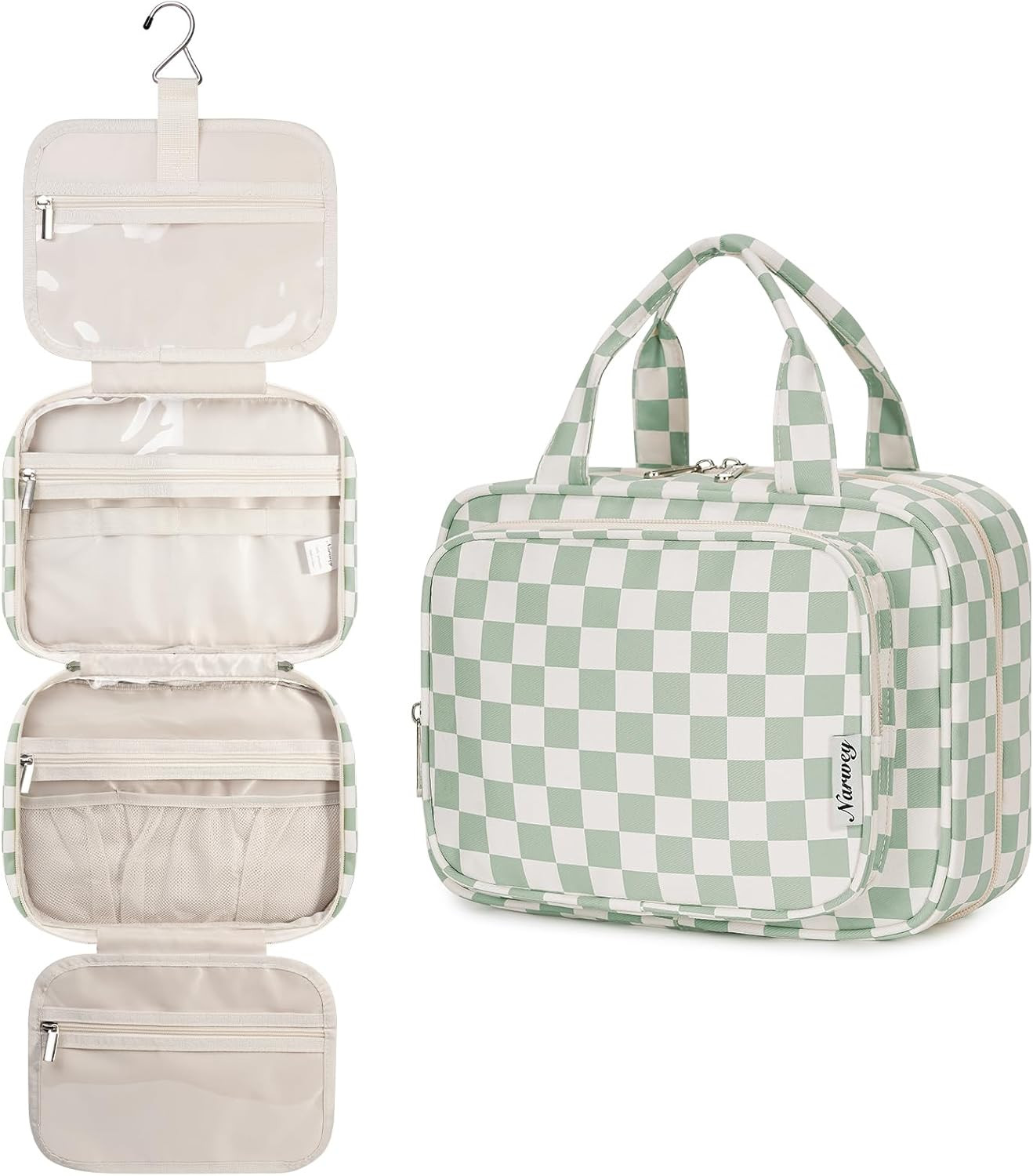 Women Hanging Toiletry Bag Checkered Travel Makeup Organizer Green Medium