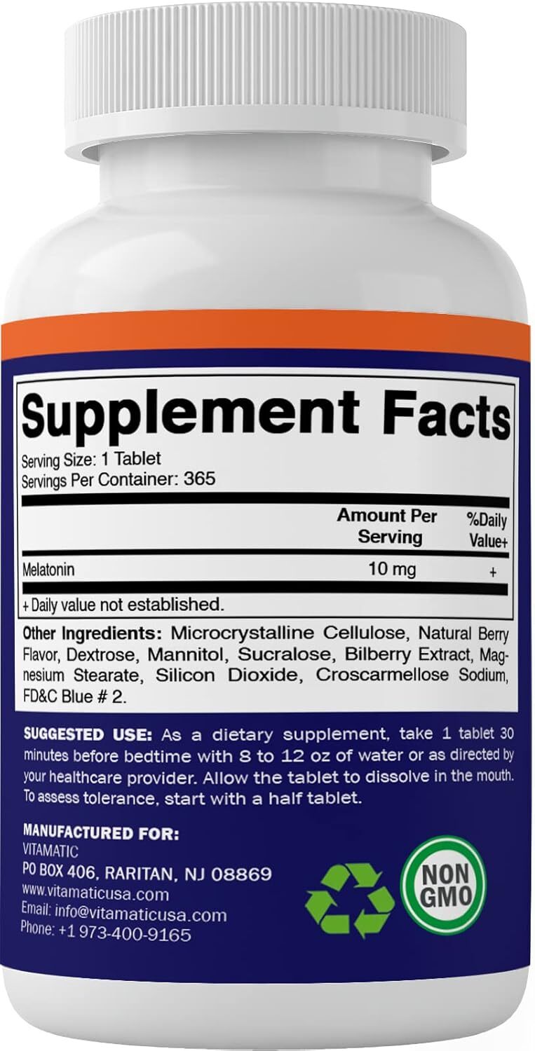 Vitamatic Melatonin 10mg Tablets | Vegetarian, Non-GMO, Gluten Free | 1 Year…
