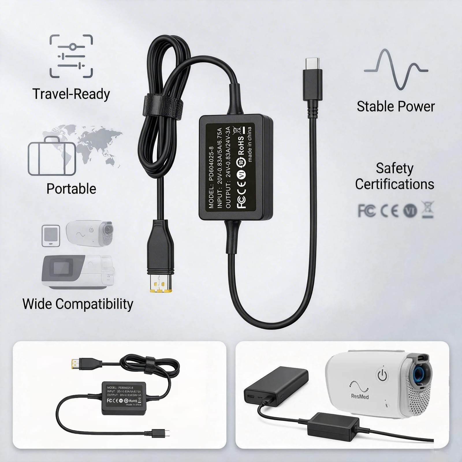 USB C PD Power Cable for ResMed AirSense 11 AirMini 65W Battery Backup