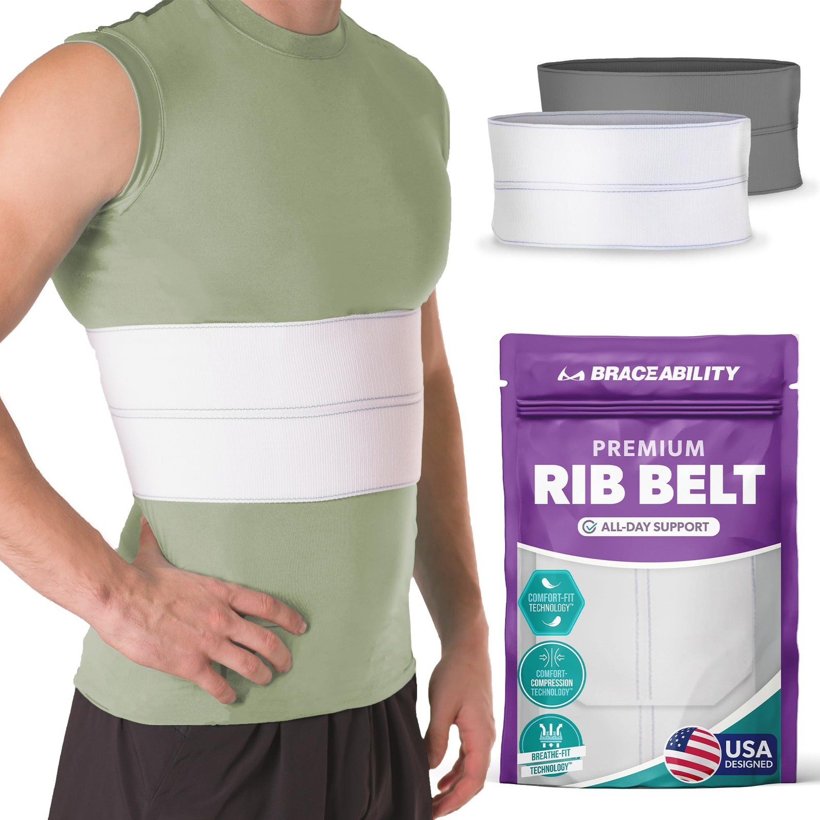 BraceAbility Broken Rib Brace for Men and Women – Universal Male, White