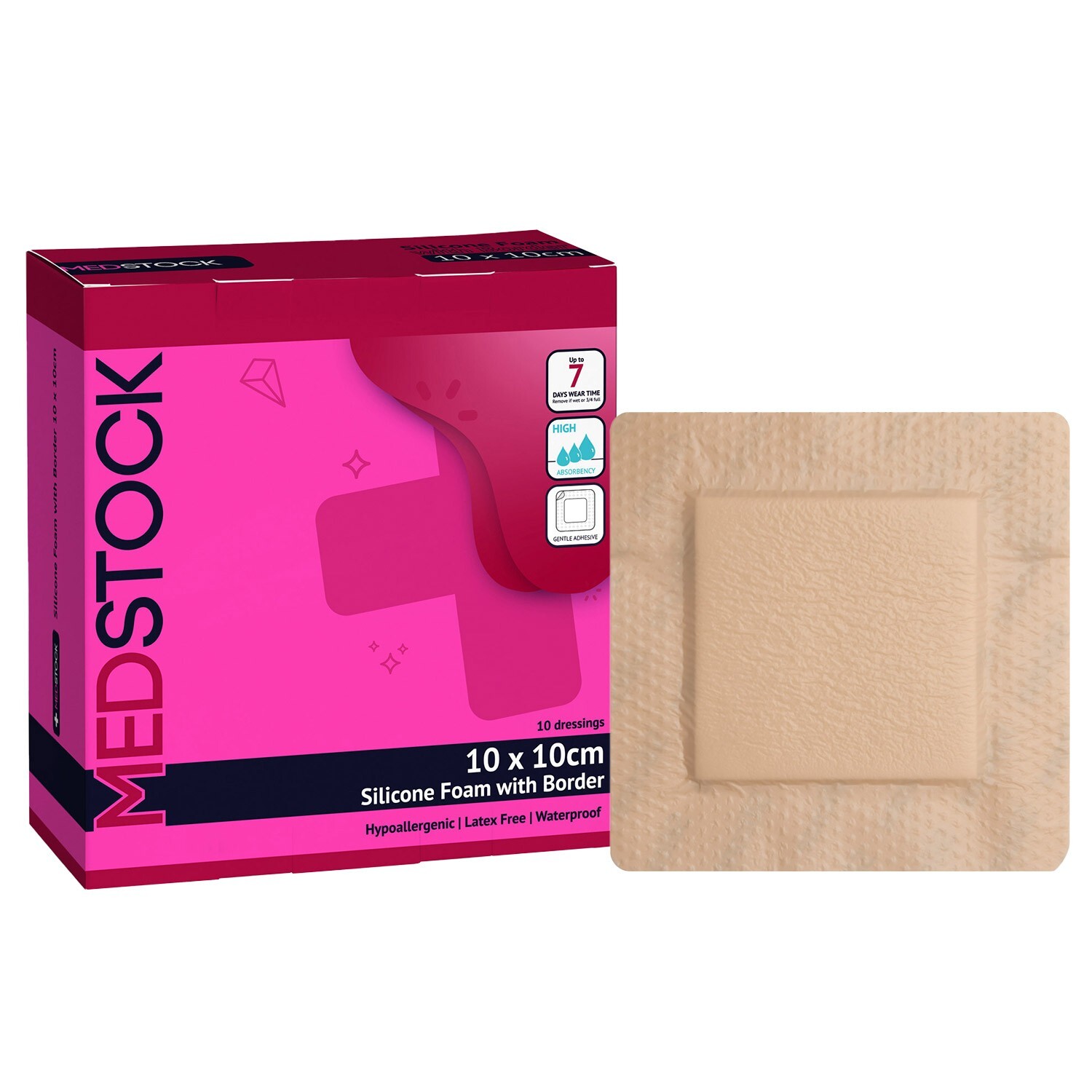 MEDSTOCK Silicone Foam Dressing with Border – 4″ x 4″ (Box of 10)