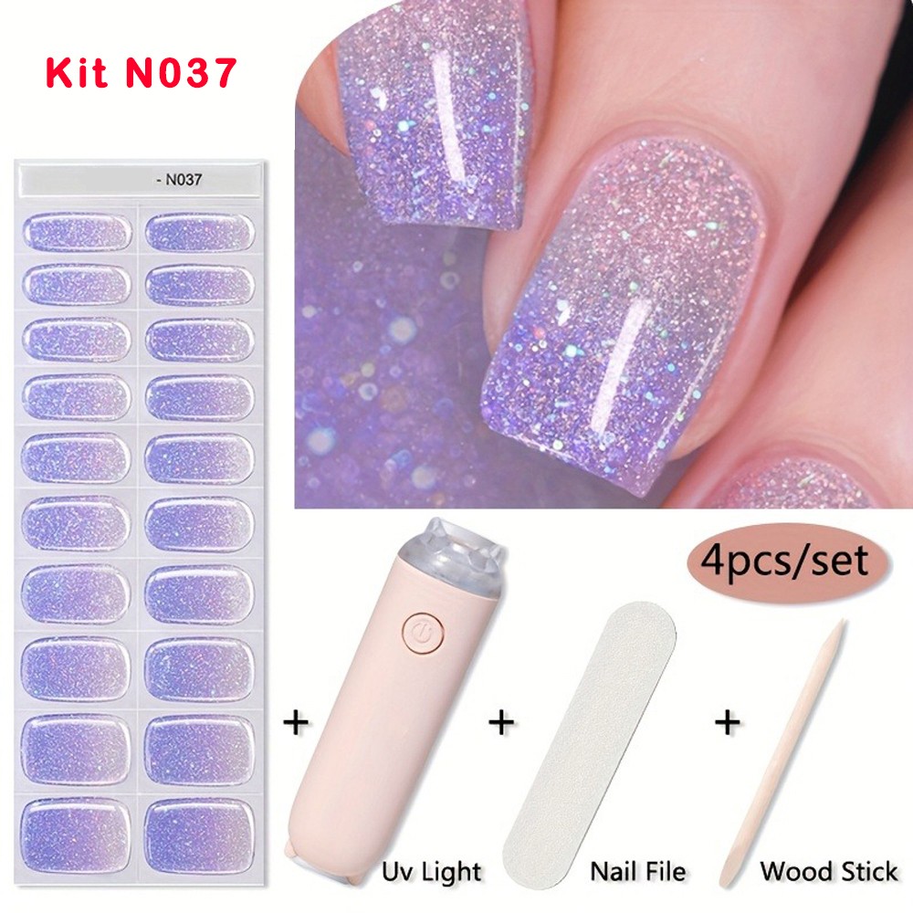 Semi-Cured Gel Nail Strips Kit with UV Light fits for Long-Lasting DIY Manicures