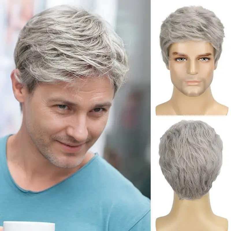 Men’s 6in Silver Gray Full Wig Heat Resistant Synthetic Cosplay Halloween Party