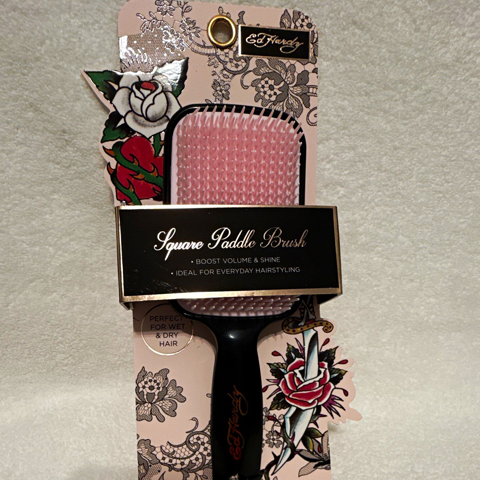 Ed Hardy Square Paddle Brush for Wet/Dry Hair, All Types, Plastic 5in Pink/Black