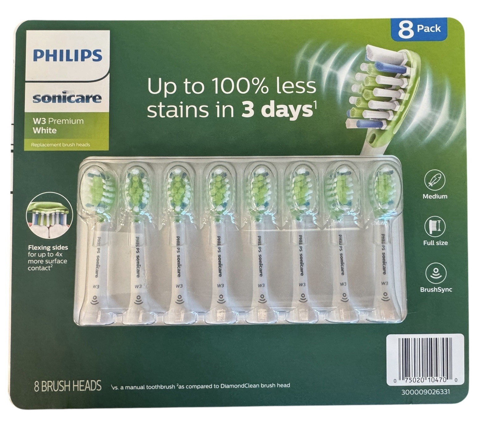 8 Pack of Philips Sonicare W3 Premium White Replacement Brush Heads. New!