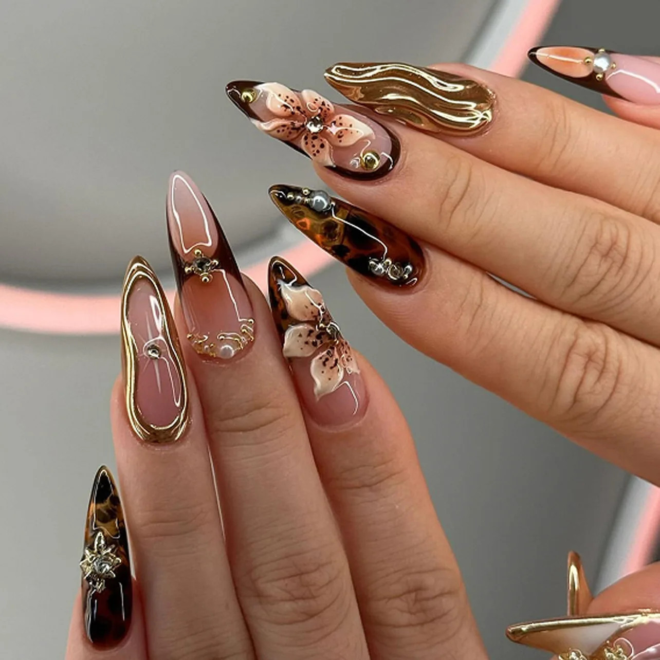 24pcs Long Almond Press on Nails False Nails with Golden Decoration Wearable