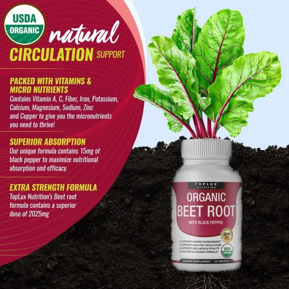 Toplux Organic Beet Root Tablets-Nitric Oxide Booster Beetroot Supplement 2040m-
