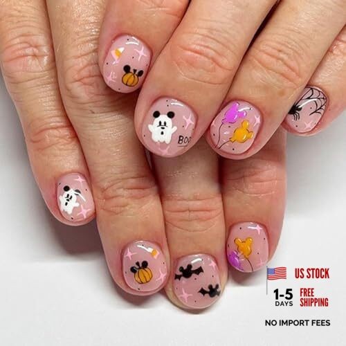 24 Pcs Halloween Press on Nails Short Square – Pink Fake Nails Design AV4