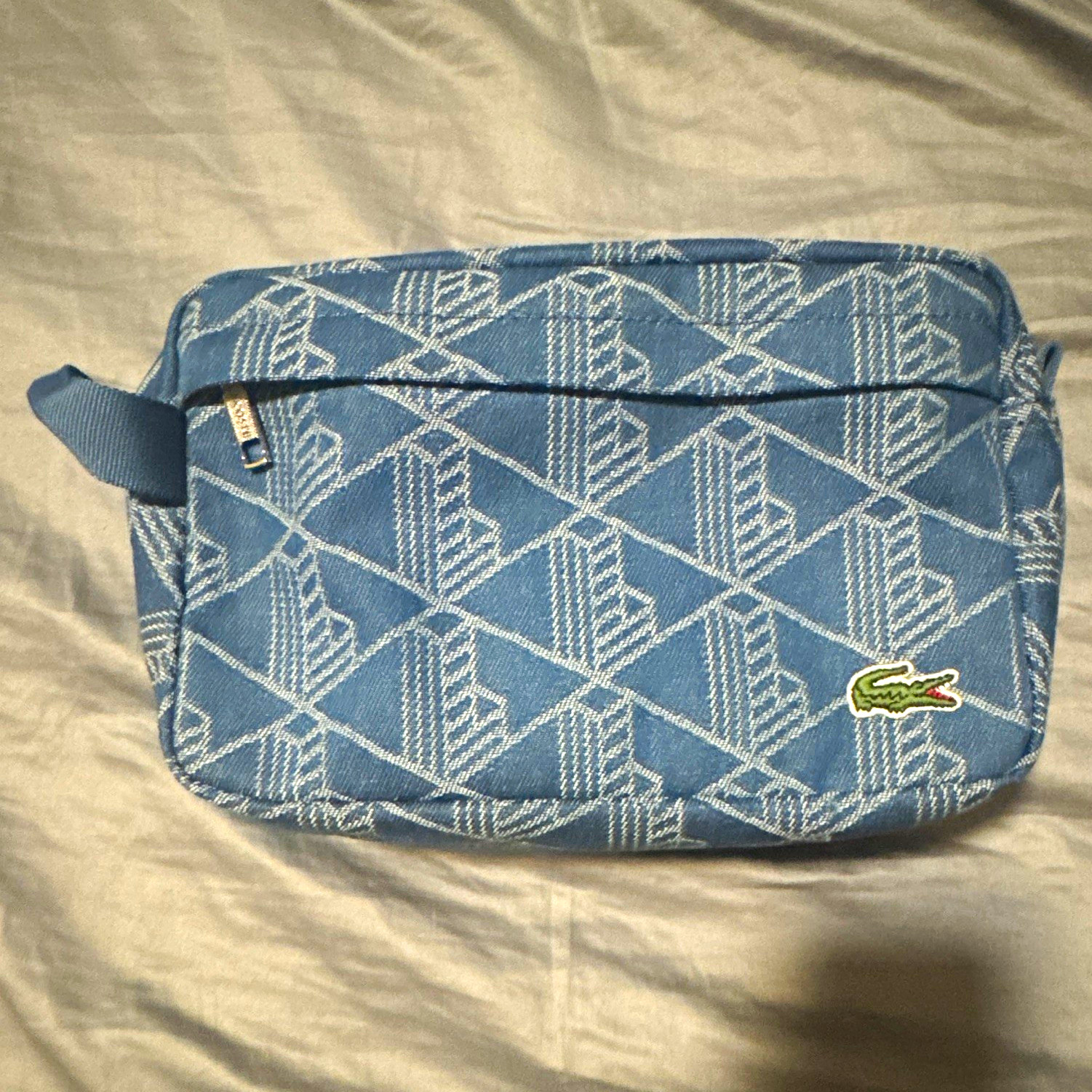 Lacoste Monogram Blue/White Geometric Zip-Around Makeup/ Toiletry Bag