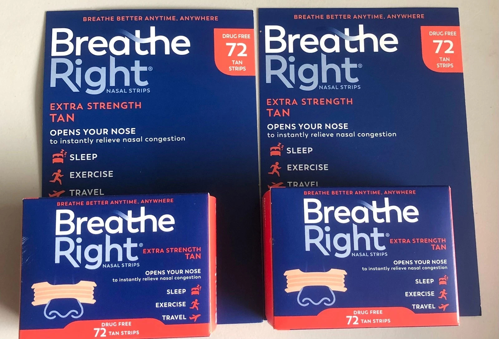 2 Pack – Breathe Right Extra Strength Nasal Strips, 72 Strips each – Tan