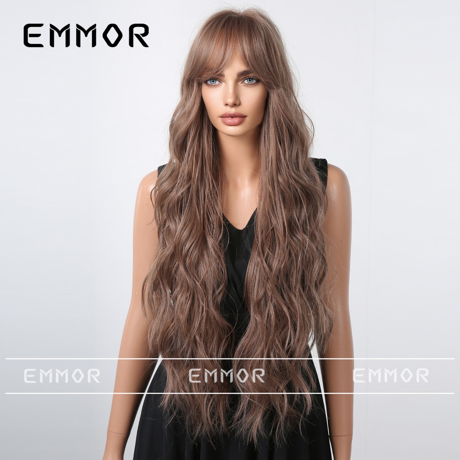 Brown Long Wavy Curly Wig with Side Part Bangs Natural Looking Synthetic Full