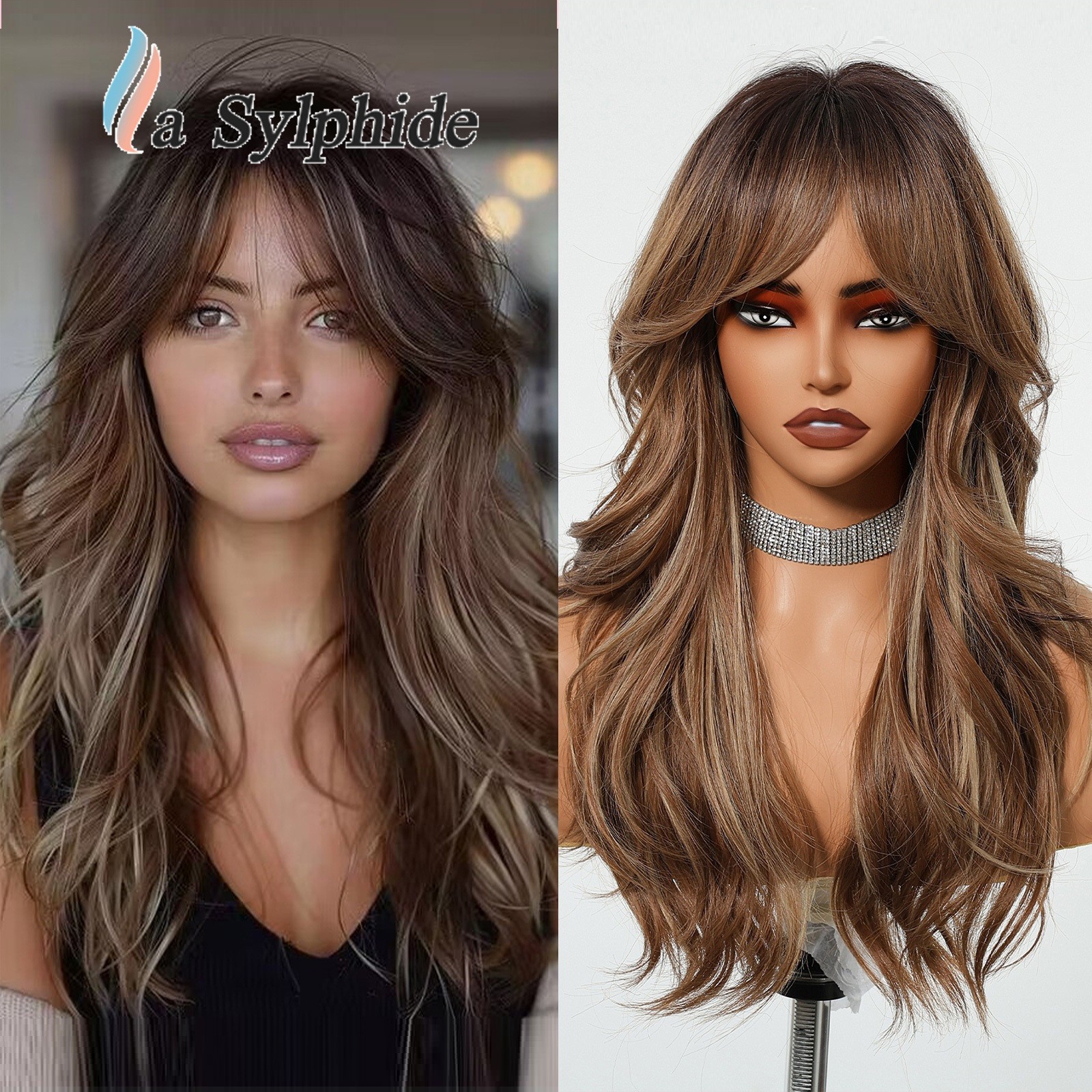 Brown to Golden Ombre Long Curly Wig With Side Bangs Rose Net Synthetic Full Wig