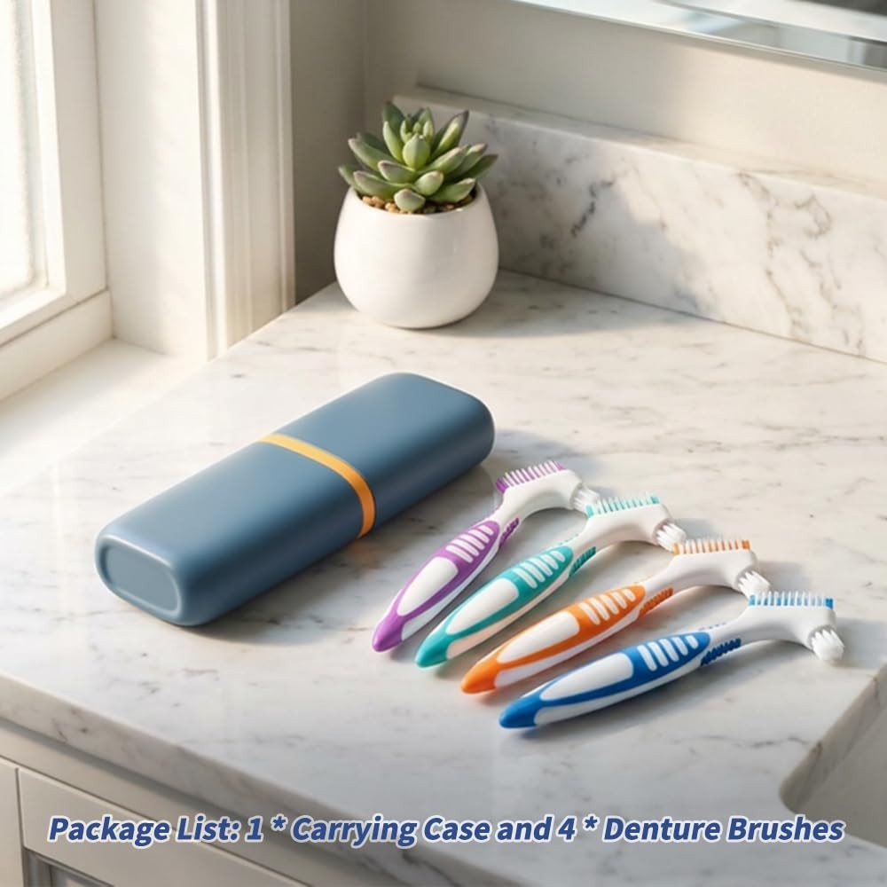 4Pcs Hard Double-Sided Denture Cleaning Brushes with Case for False Teeth Care