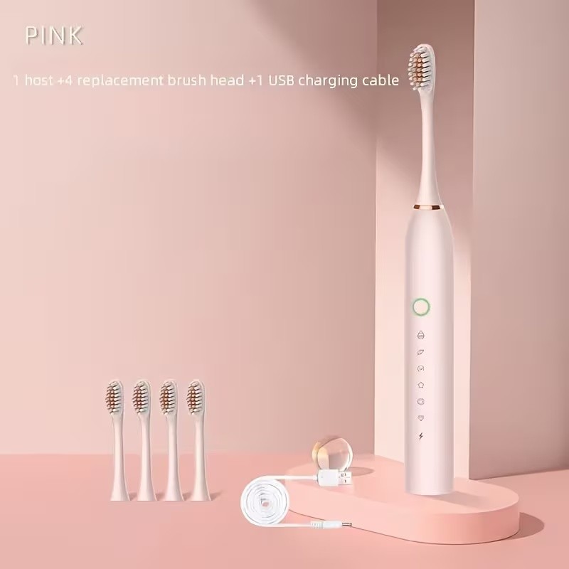 USB Rechargeable Sonic Toothbrush 6 Modes Adult Oral Care 4 Extra Brush Heads