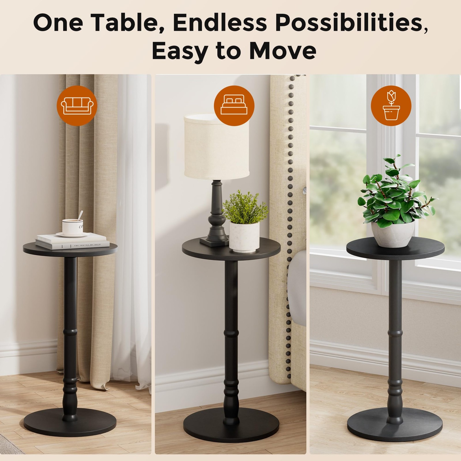 Homleke 12 Round Side Table Solid Wood Pillar Wood Top Base Small Drink Accent