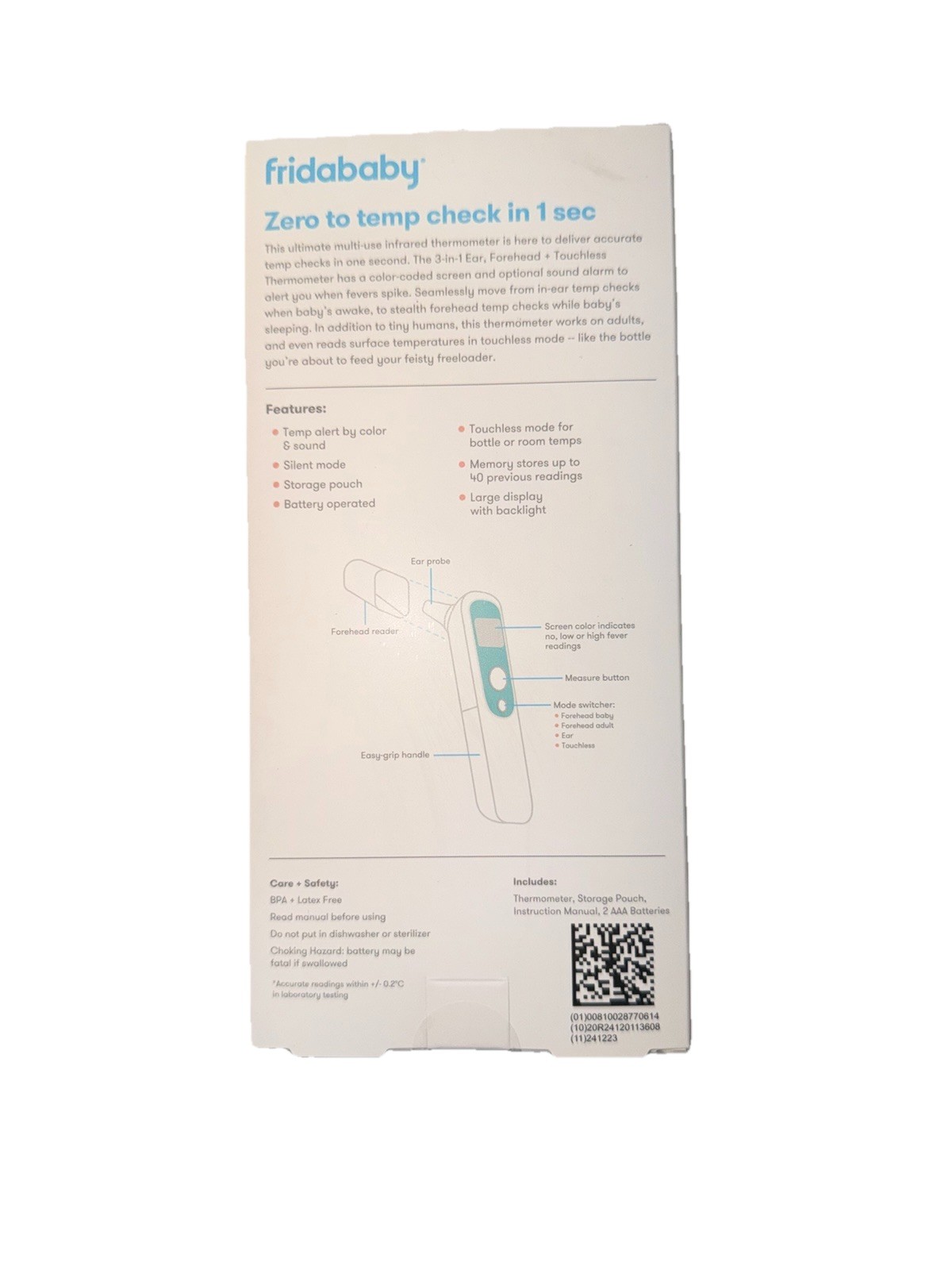 Fridababy 3-in-1 Ear Forehead + Touchless Infrared Thermometer White Teal 10028