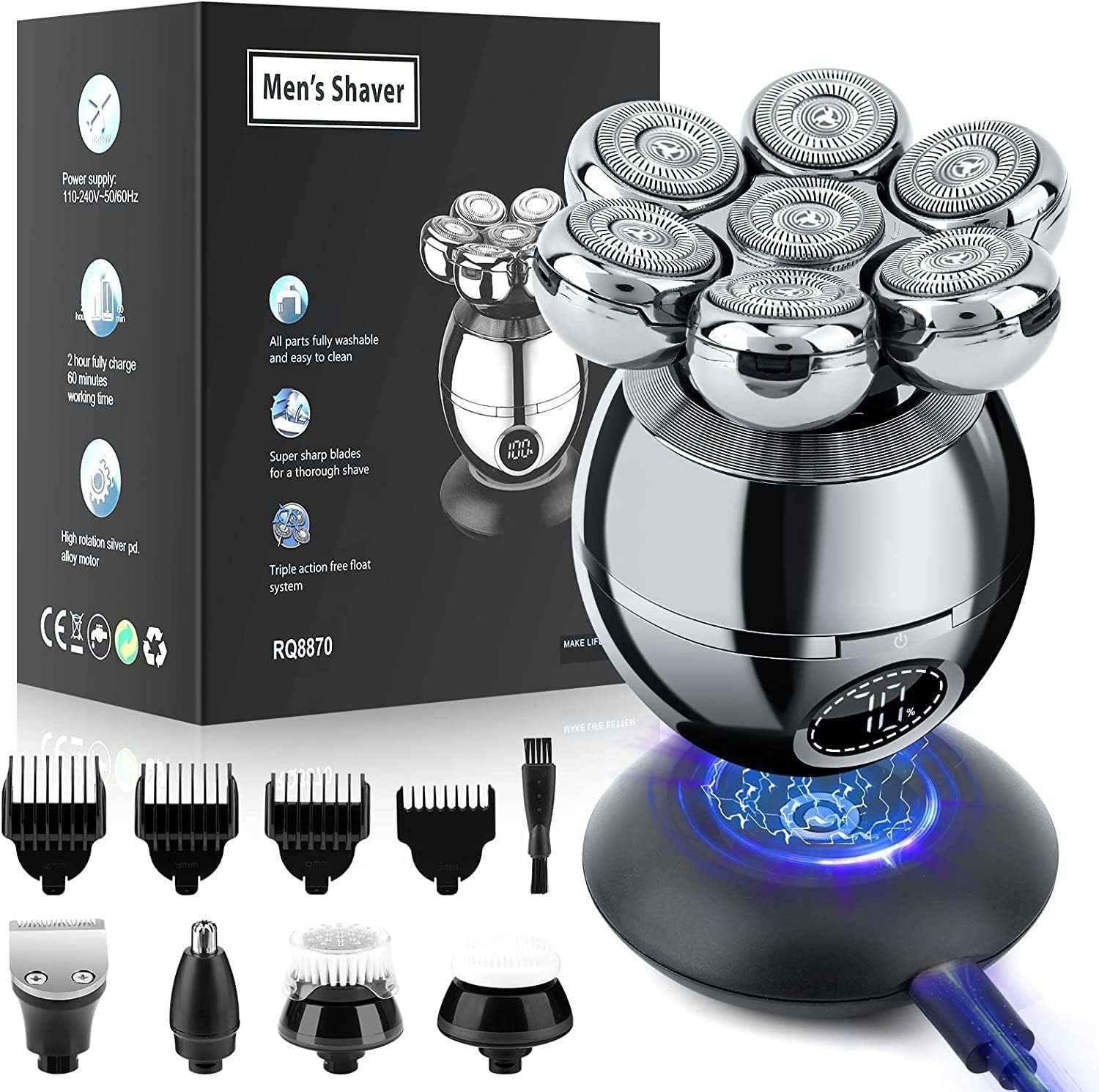 Skull Shaver Electric Palm Razor LED Cordless Rechargeable 9 Blades Wet Dry SET.
