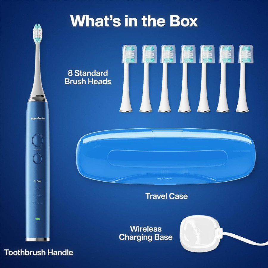 Aquasonic Vibe Series Sonic Whitening Toothbrush w/ 8 Brush Heads, Sapphire Blue