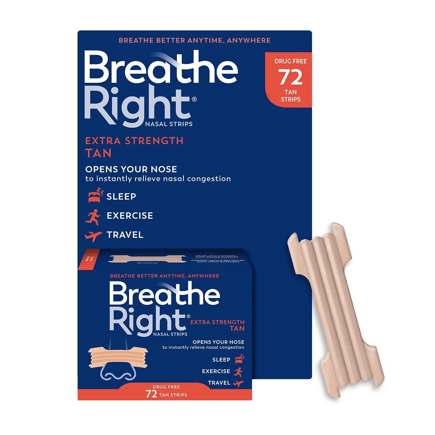 2 Pack – Breathe Right Extra Strength Nasal Strips, 72 Strips each – Tan
