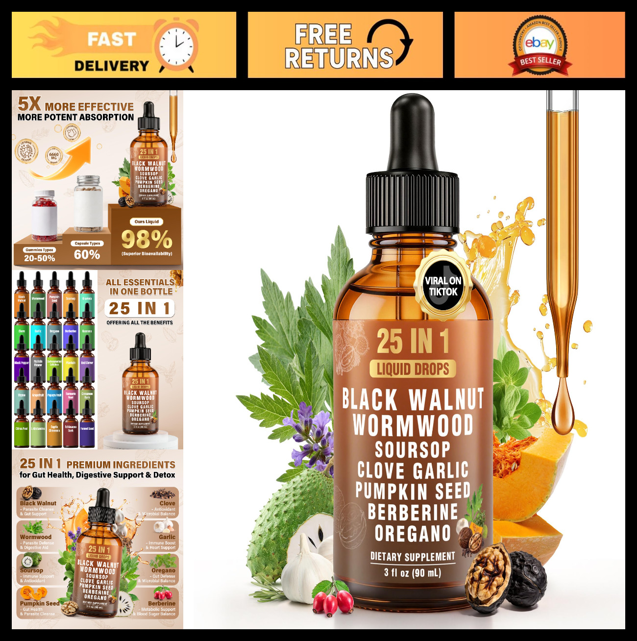 25-in-1 Parasite Cleanse – Liposomal Wormwood, Black Walnut, Clove & Garlic, 90m