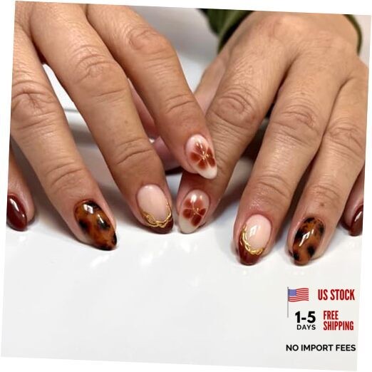 French Short Oval Gel Press on Nails, Nude Fake 72-3D Burgundy French Gold