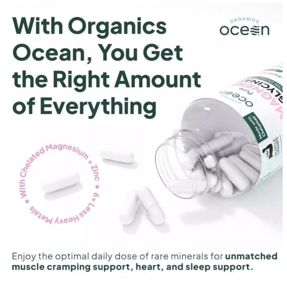 3 Pack Organic Ocean Pure Chelated Magnesium Glycinate with Zinc, Supplement
