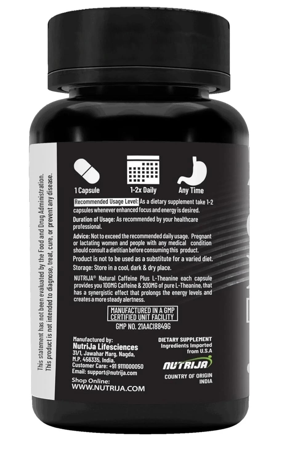 NutriJa Natural Caffeine 100MG Plus L-Theanine 200MG – 30 capsules