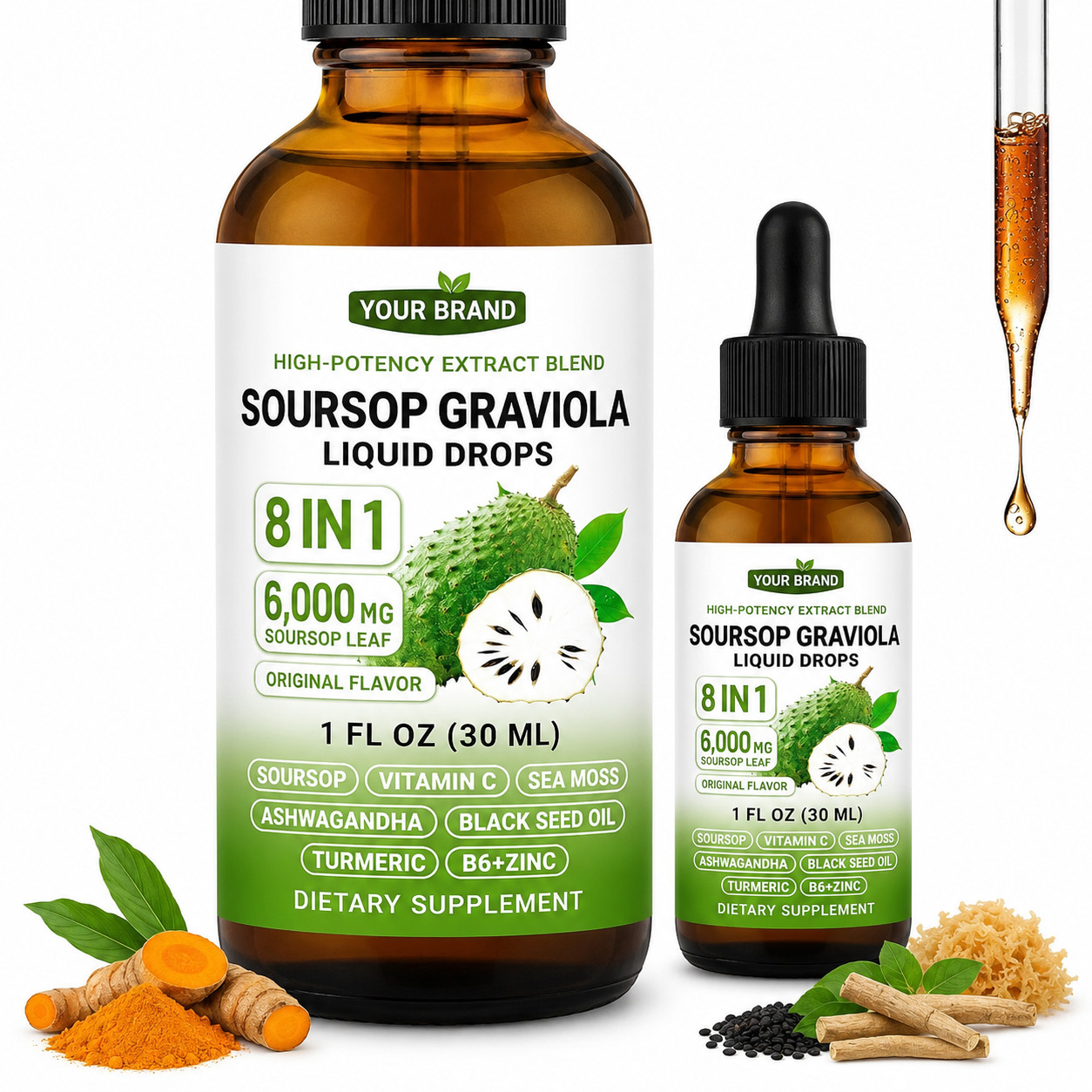 2 Pack Soursop Graviola Liquid Drops 8 in 1 Sea Moss Black Seed Ashwagandha