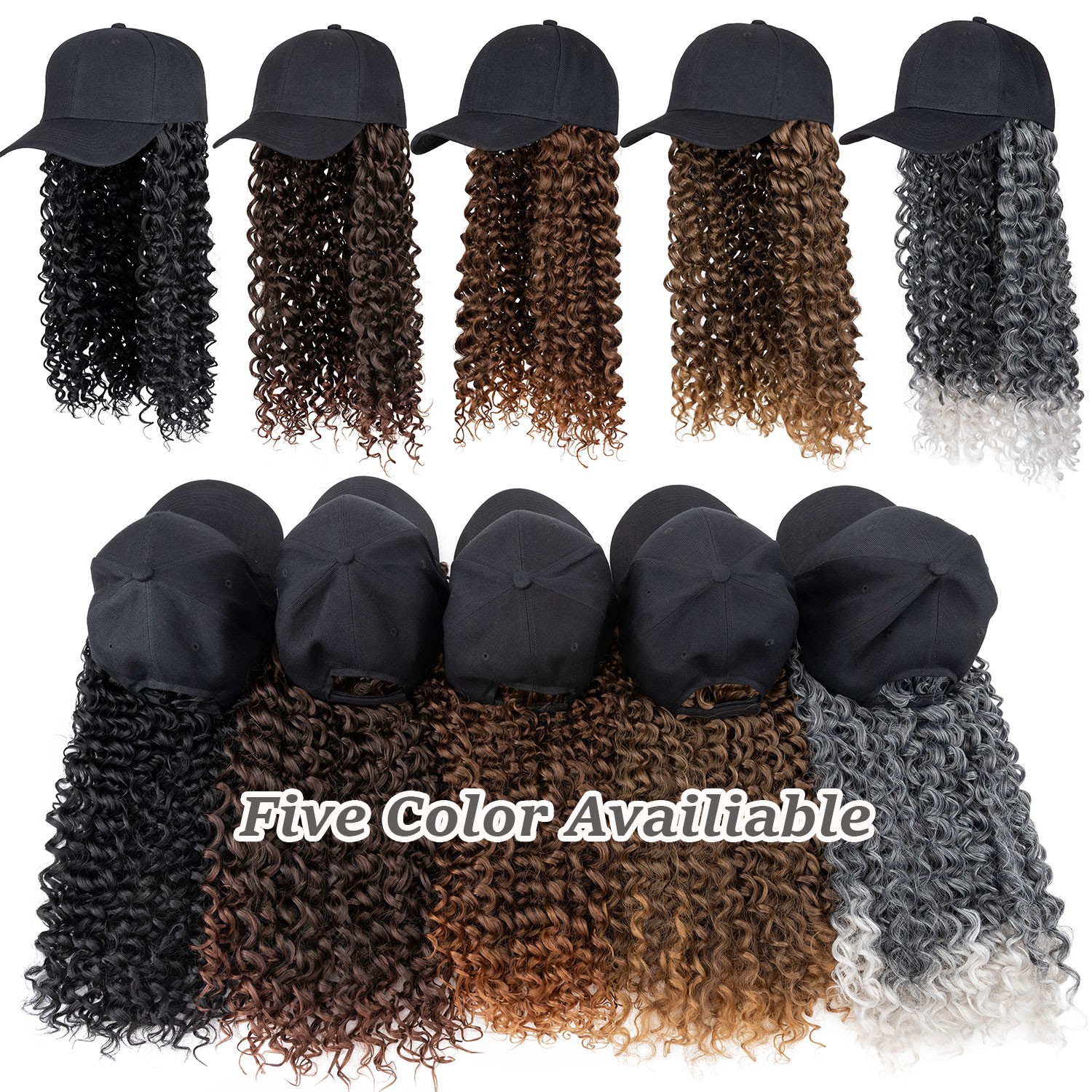 25In Women Black Baseball Cap with Hair Hat Wig Long Curly Deep Wave Hair Wig US