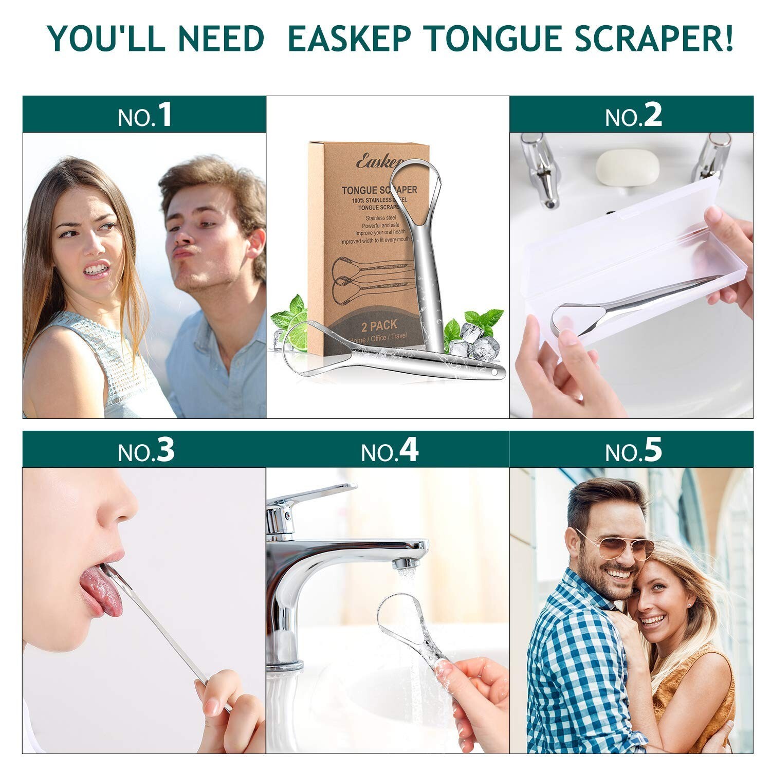 Tongue Scraper (2 Pack), Wide-Head Tongue Cleaner with Nice Carrying Box, 100%