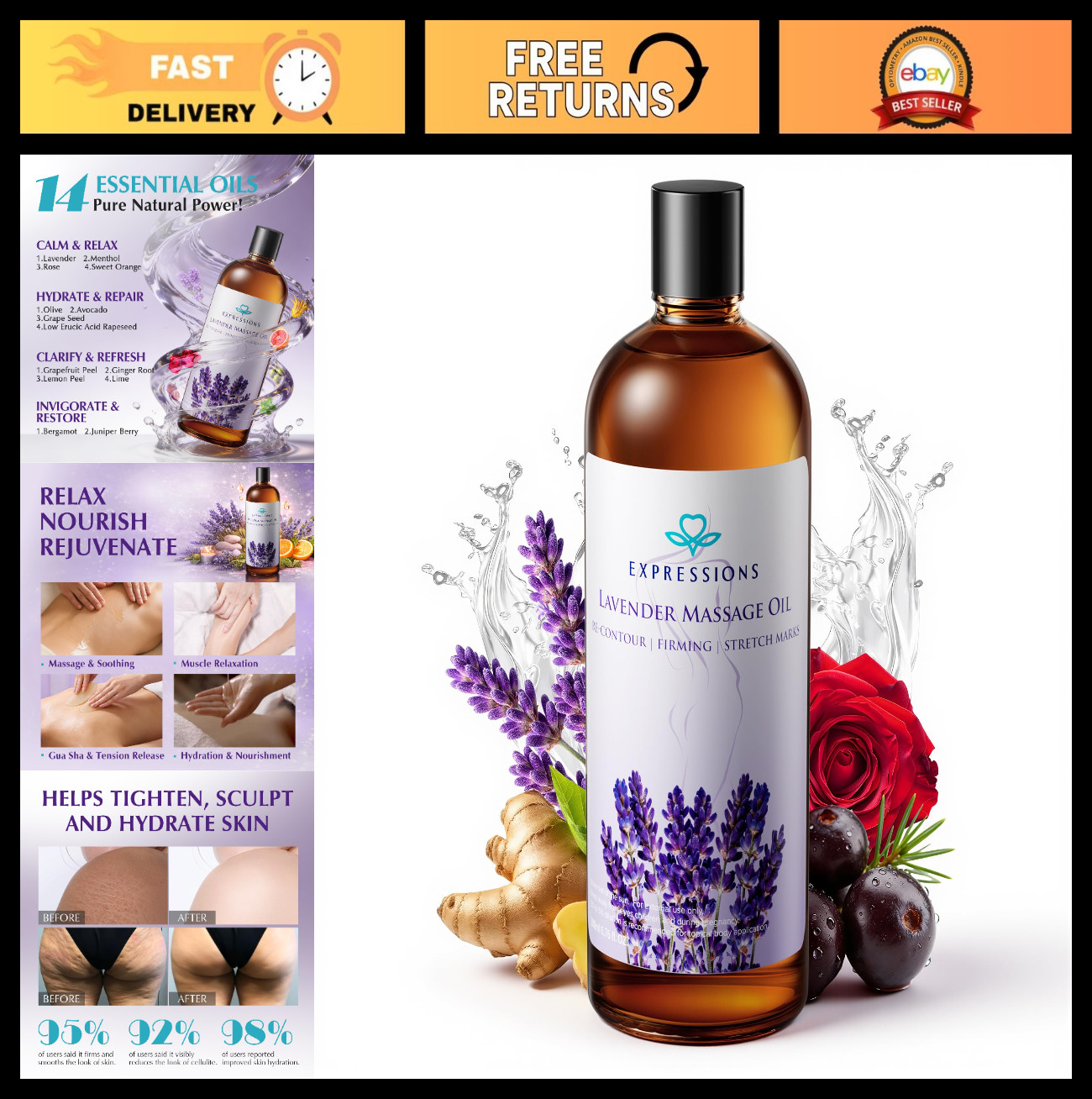 Anti-Cellulite Massage Oil | Firming Body Oil for Muscle Relief & Relaxation wit