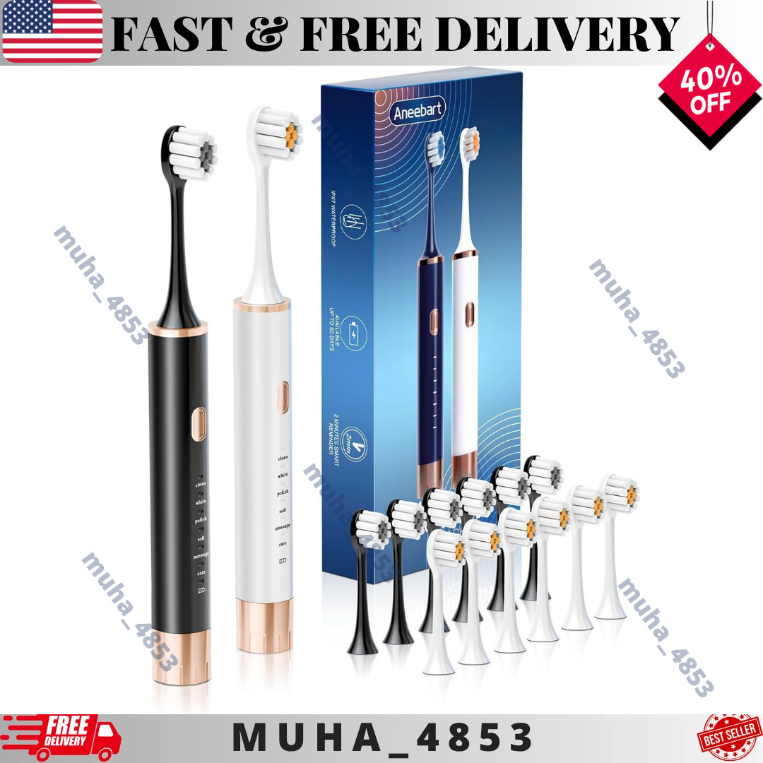 2 Pack Electric Toothbrush Sonic Toothbrush USB Rechargeable 12 Heads 6 Modes