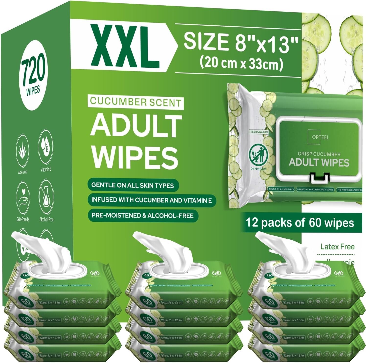 Adult Wipes For Elderly Softly Scented – 8×13″ 720ct (12 Packs of 60)