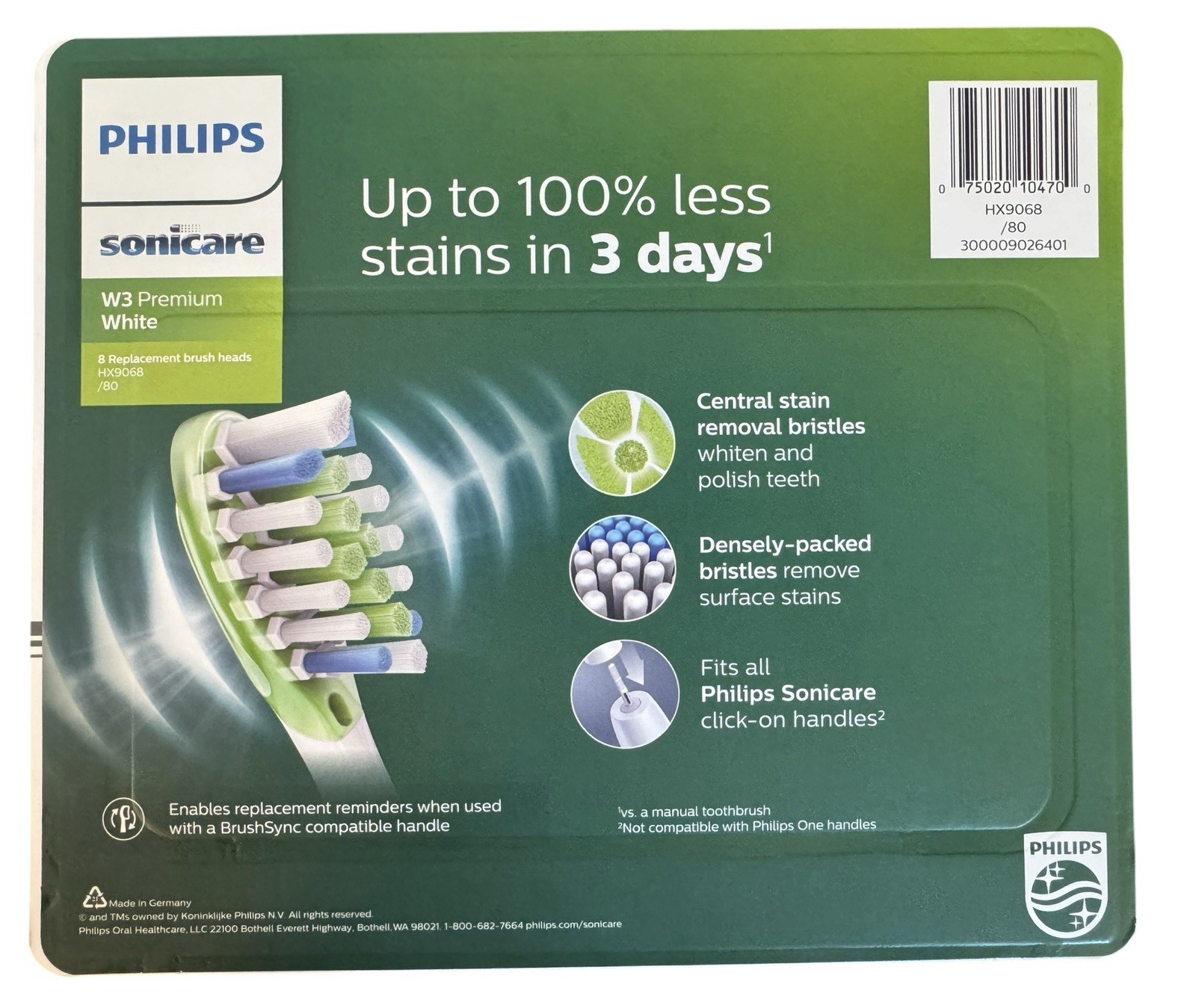 8 Pack of Philips Sonicare W3 Premium White Replacement Brush Heads. New!