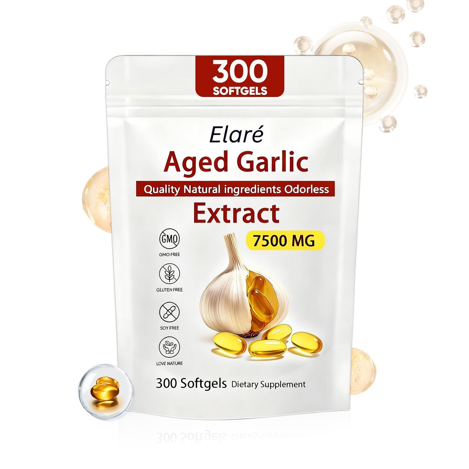 Elare Aged Garlic Heart Immune Softgels, Odorless 7500mg Extract, & 300 Pack 1-