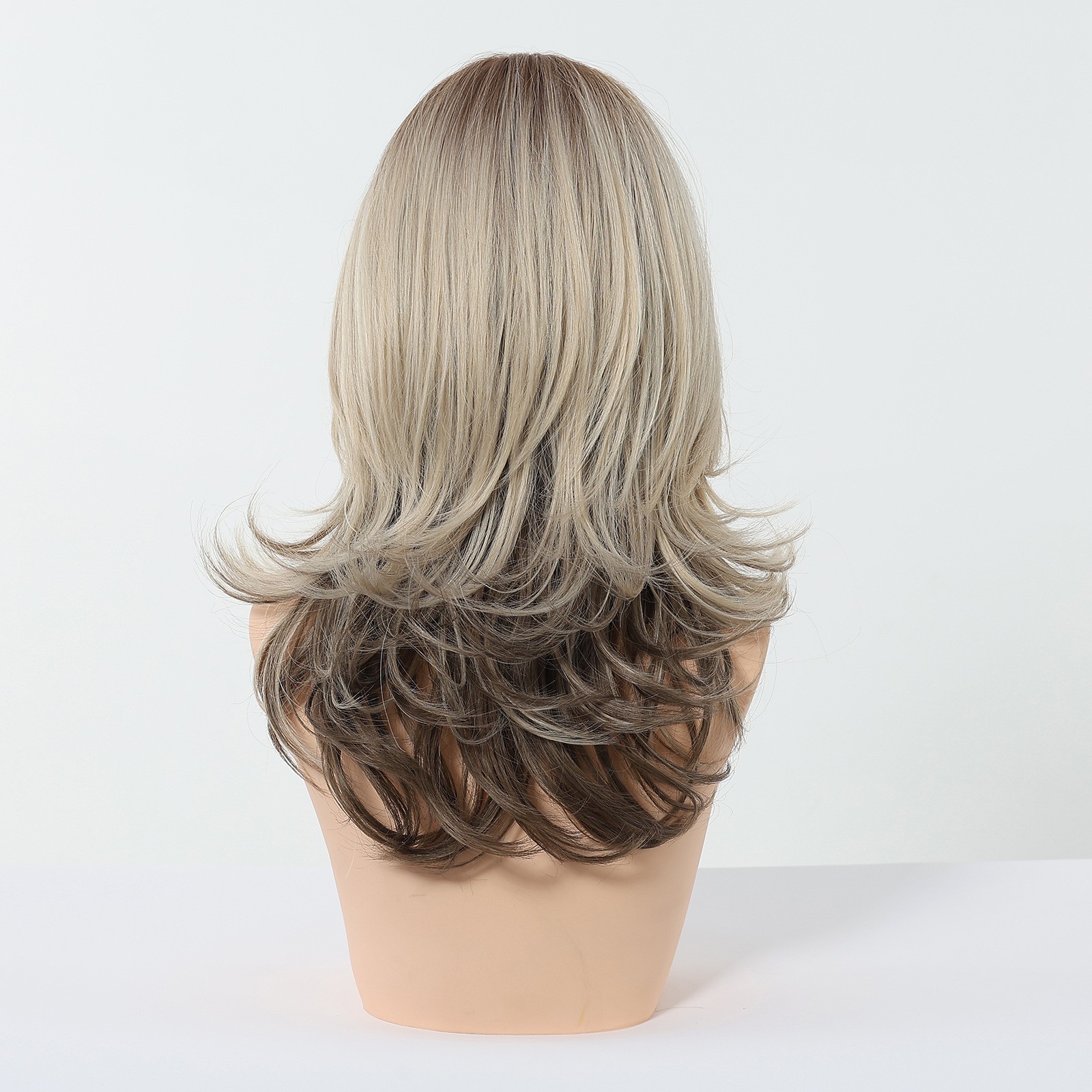 Full Bangs Ombre Layered Medium Long Linen Gold Brown Balayage Fluffy Synthetic