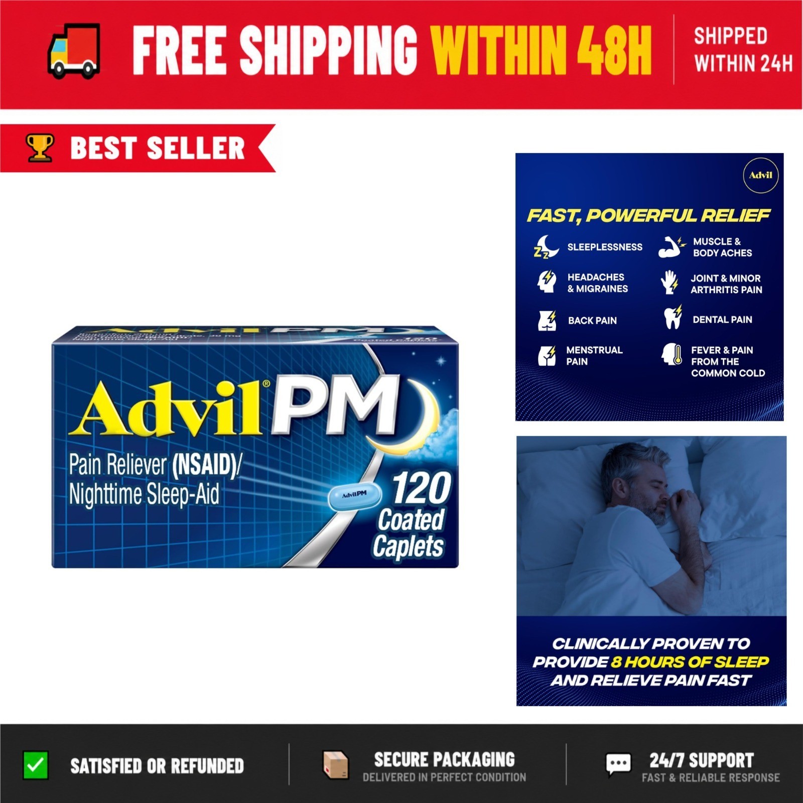 Advil PM Pain Reliever & Nighttime Sleep Aid – 120 Coated Caplets