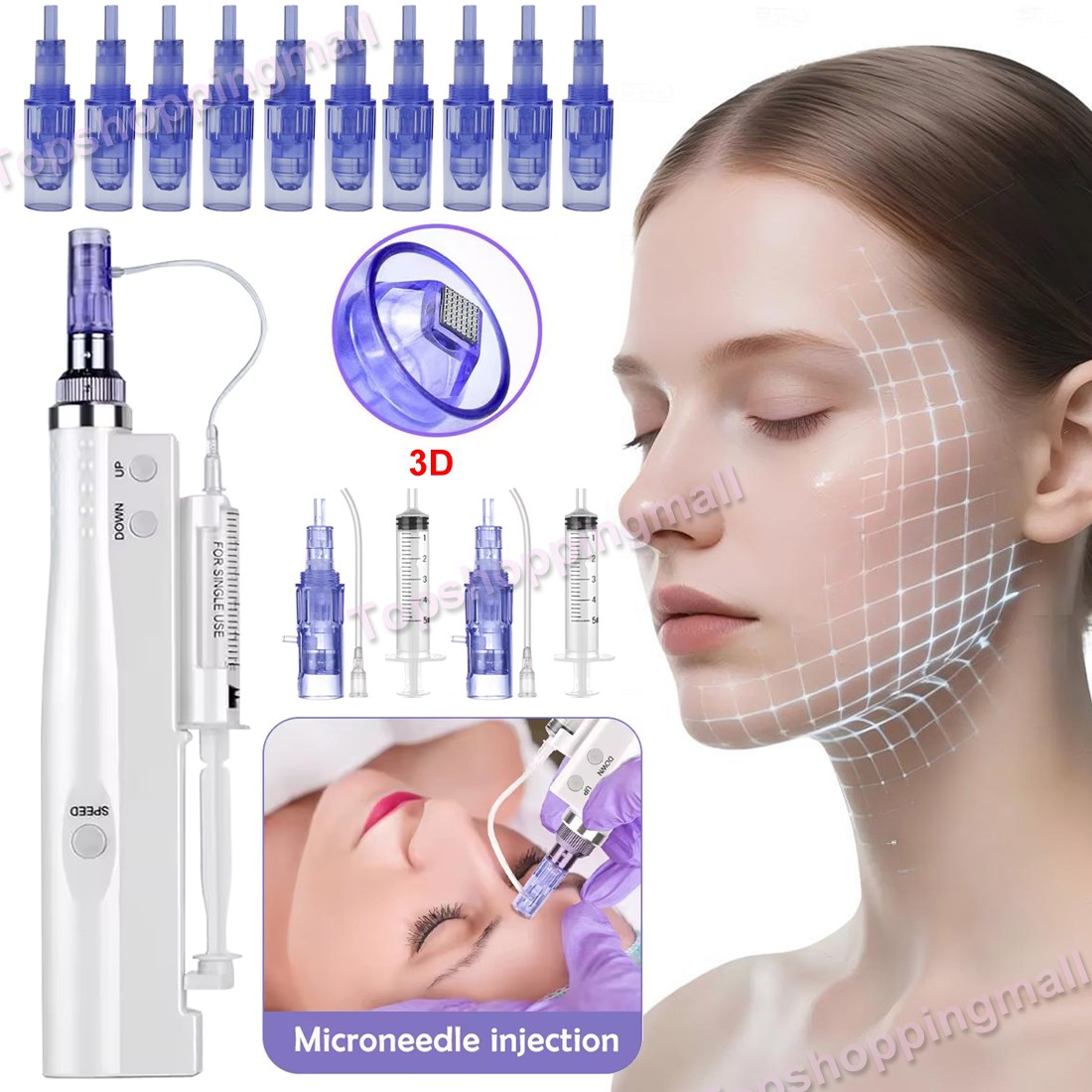 Micro Meso Pen Eye Wrinkle Removal Therapy Gun with 10Pcs 3D Cartridges Tips