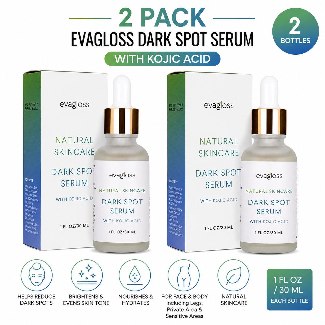 2 pack Evagloss Dark Spot Serum with Kojic Acid Face Brightening Corrector 1oz