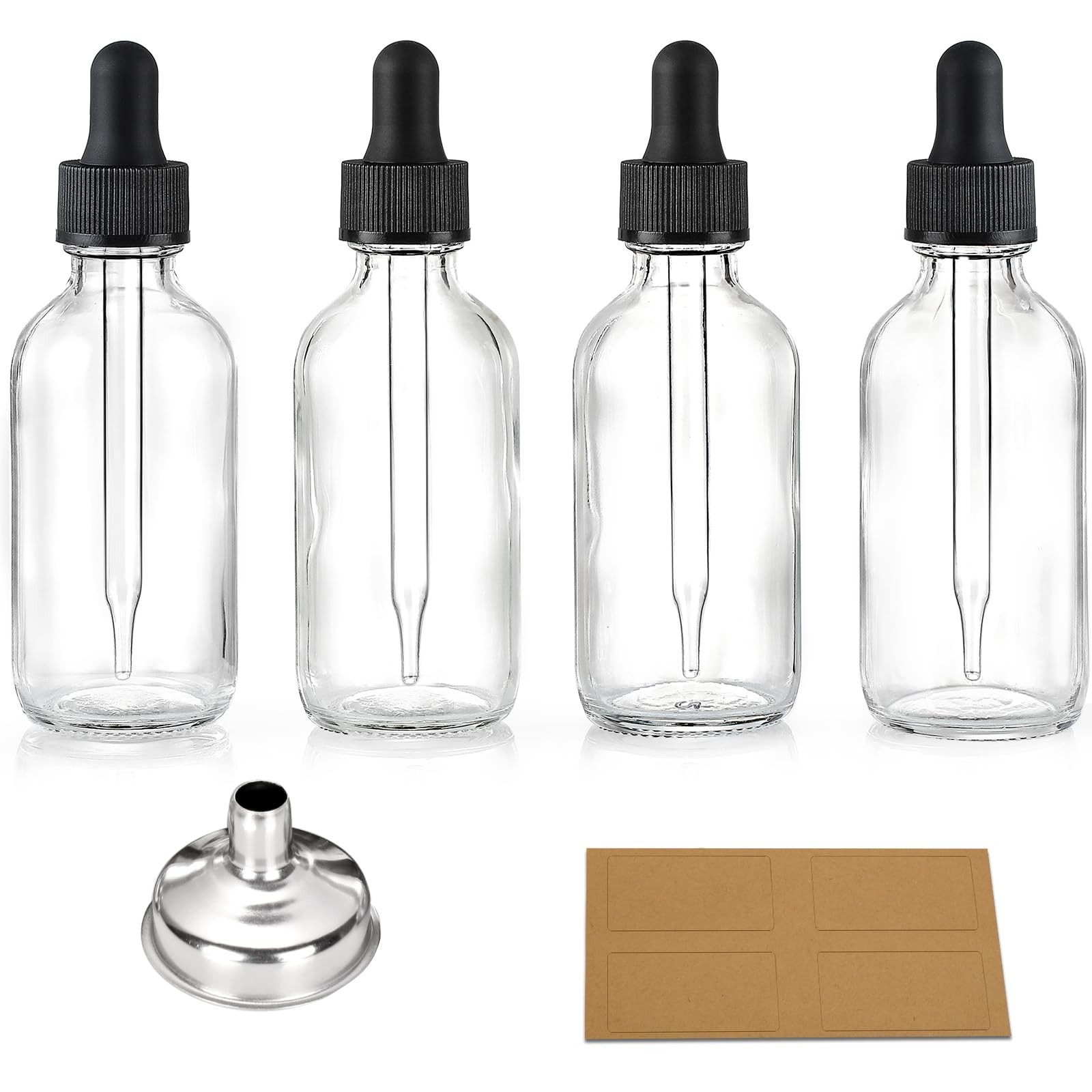 4 Pcs, 2 oz Clear Eye Dropper Bottles with 1 Stainless Steel Funnels 4 Labels