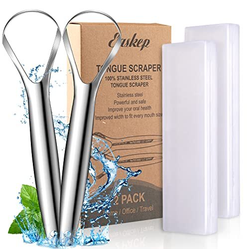 Tongue Scraper (2 Pack), Wide-head Tongue Cleaner with Nice Carrying Box, Silver