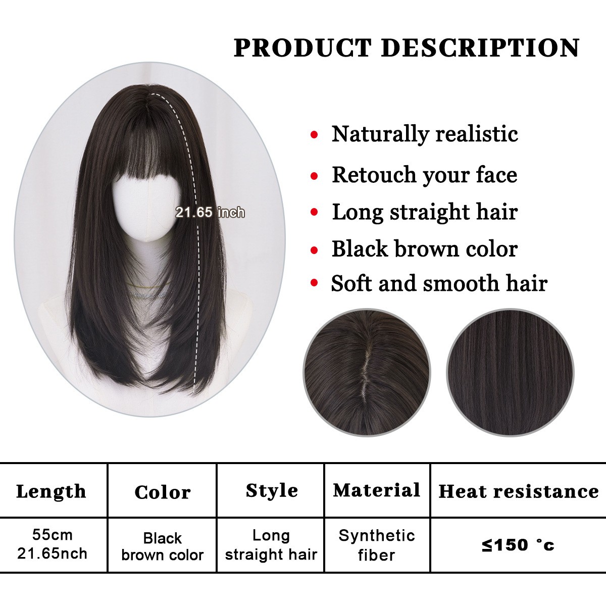 Dark Brown Chest Length Layered Straight Wig with Air Bangs High Quality