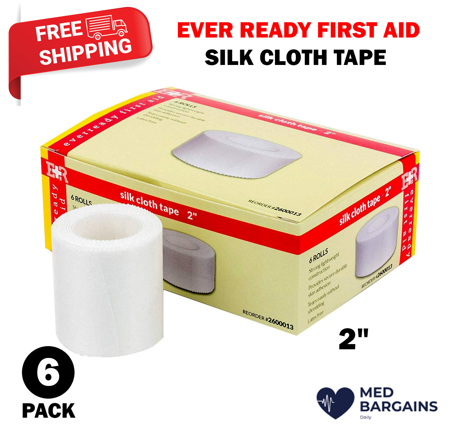 Ever Ready First Aid Adhesive Silk-Like Cloth Tape 2″ x 10 yd – 6 Pack